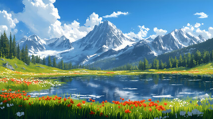 A picturesque alpine landscape with glacier lilies blooming in patches among the snow-capped peaks