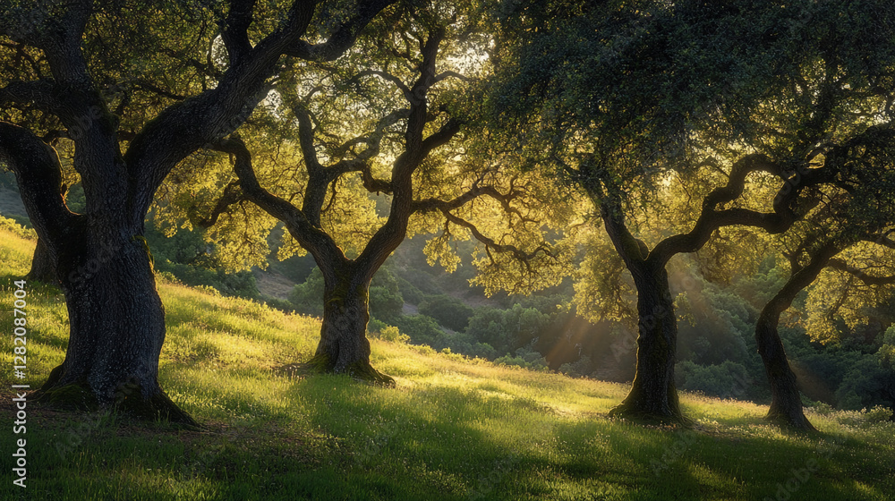 Poster sunset light filtering through ancient oak trees in a serene meadow
