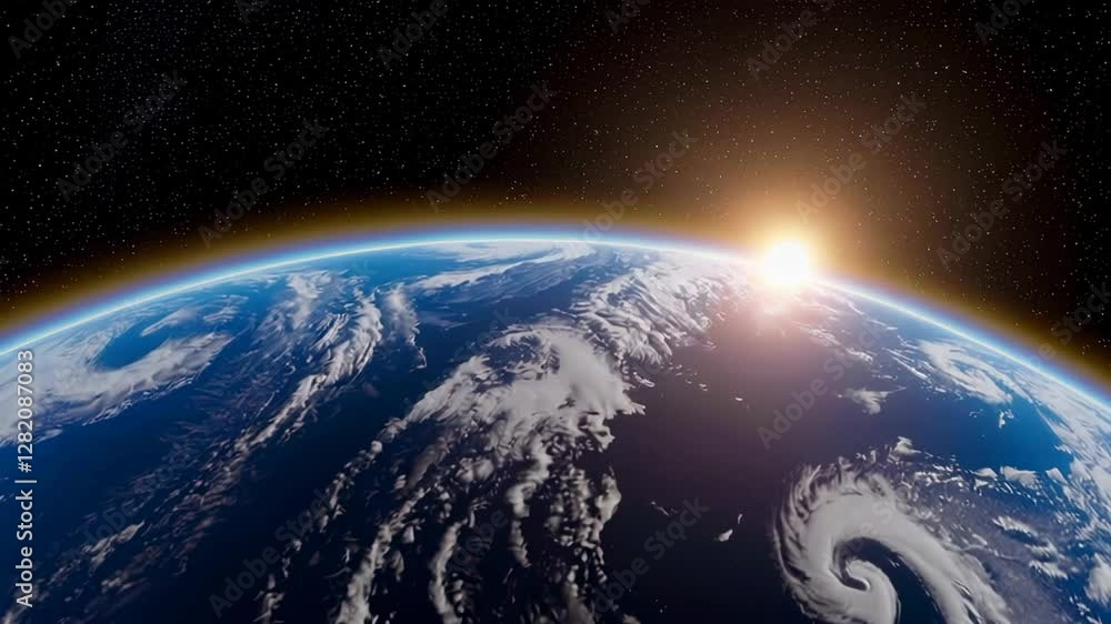 Aufkleber Sunrise illuminates earth's curvature and atmospheric swirls in a captivating slow motion sequence, providing a unique perspective of weather patterns from space