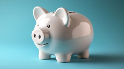 A glossy white piggy bank sits on a serene blue background, symbolizing savings and financial planning