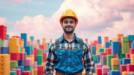 Construction Worker Standing Against oversized colorful plastic building blocks, appears to be building a house using these giant interlocking toy construction elements.
