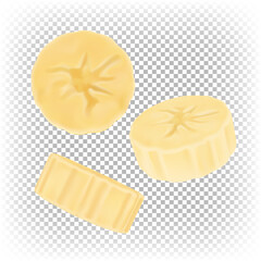 Sliced ​​round banana pieces from different angles. Vector 3D realistic illustration isolated on transparent background.