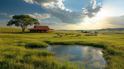 A serene rural setting unfolds as a herd of pigs grazes leisurely on lush green pastures, reflecting a sense of peace and contentment against the backdrop of a glowing sunset.