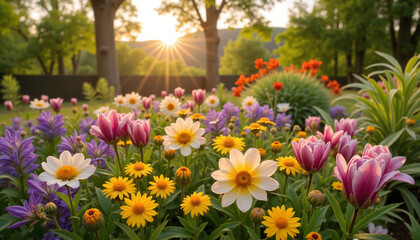 Obraz premium Vibrant flower garden at sunset with sunlight rays and colorful blossoms, copy space