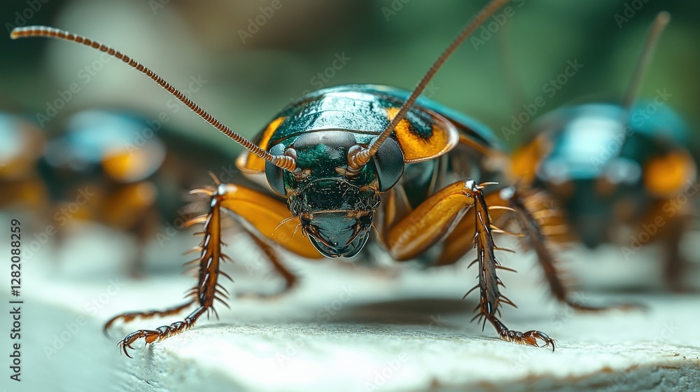 Poster close-up of a vibrant cockroach showcasing intricate details and textures in a natural setting