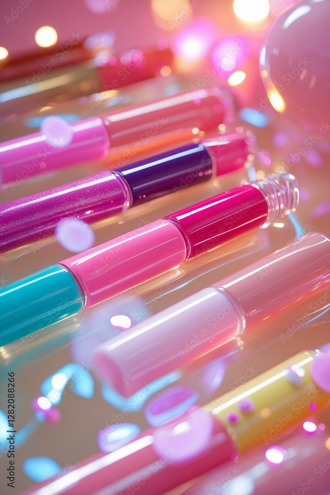 Poster colorful lip gloss collection with sparkles arranged on a reflective surface in soft lighting