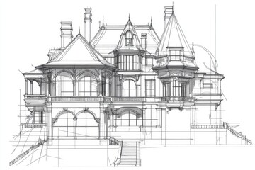 Obraz premium Modern castle house blueprint featuring a blend of classic and contemporary styles