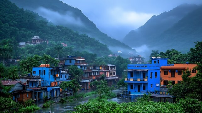 Mist rolling down a mountain slope, with wisps of clouds drifting above the peaks on a crisp morning.