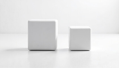 Two simple white cubes of different sizes on a sleek surface with a minimalistic background, ideal for modern design, copy space