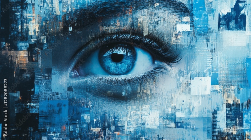 Aufkleber An intense gaze captures attention, showcasing a striking blue eye blended with intricate patterns and textures. Layers of color create a mesmerizing atmosphere filled with depth.