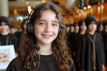 Young female radio host engaging listeners live with headphones and microphone in studio setting