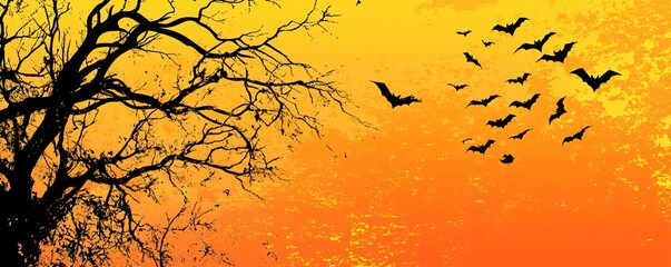 Halloween bats flying over spooky tree at sunset