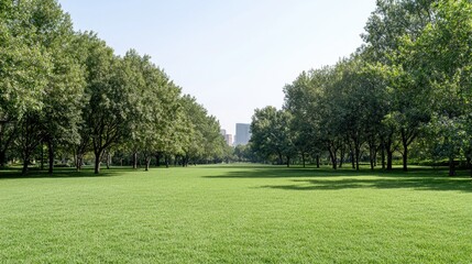 Fototapeta premium Lush green lawn lined with tall trees in a city park on a bright sunny day.