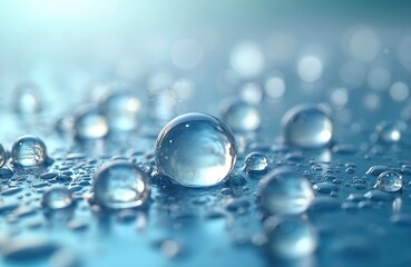 Water droplets and shiny bubbles on blue surface. Clean liquid spheres reflecting light. Abstract fresh dew backdrop for purity concepts, cosmetics and healthcare ads.