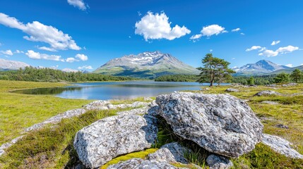 Mountain lake landscape, sunny day, calm water, scenic view