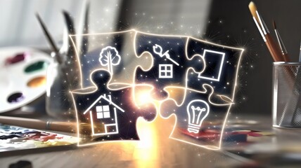 Creative workspace with glowing puzzle piece and art supplies