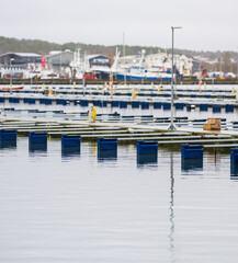 marina with empty boat docks and large docked ships on overcast day.