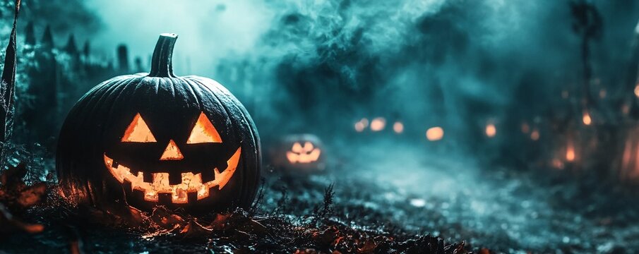 Halloween pumpkin glowing in a spooky forest at night