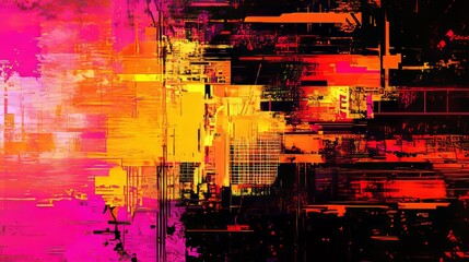 abstract vibrant glitches with neon hues, dynamic and artistic composition, textured and futuristic design, bold and radiant tones