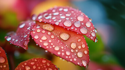 Close up of red leaves covered in droplets after a rain shower in the early morning