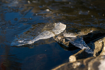 close-up of melting ice on dark water surface.
