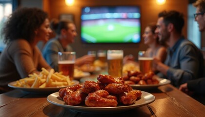 Friends in bar watch sport event, eat chicken wings, french fries. People drink beer, shout, cheer favorite team, celebrate goal. Guys, girls watch broadcast on TV, have party occasion.