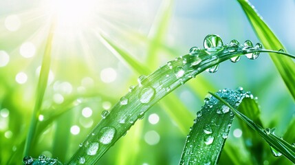 Dewy Grass Blades Displaying Water Droplets Under Bright Sunshine