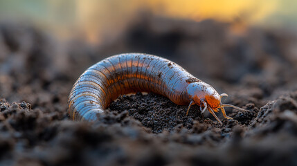 Large insect crawling over dark soil during a sunny day in a natural outdoor habitat