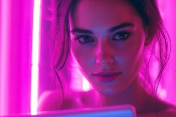 Woman in neon lighting focused on laptop during nighttime in urban setting