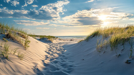 Serenity of the sandy beach at sunset calming the mind and soul near the shoreline