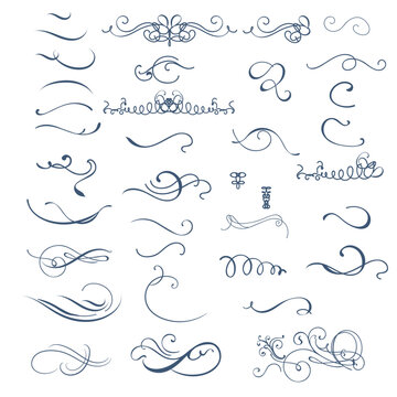 Florish ornaments set, line style calligraphic collection. Filigree calligraphic ornamental curls. Decorative retro design elements for menu, certificate diploma, wedding invitation card