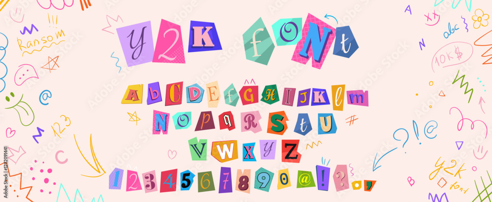 Fototapete colorful anonymous cutout font in y2k trendy style. vector magazine alphabet with cut out letters fr