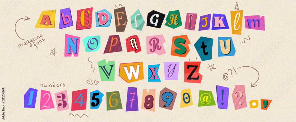 Fototapete colorful anonymous cutout font in y2k trendy style. vector magazine alphabet with cut out letters fr