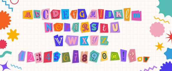 Magazine font set with colorful cutout letters, numbers and punctuation marks. Collage vector alphabet in trendy style with cute doodle elements. Newspaper or ransom font. Cut out paper torn alphabet
