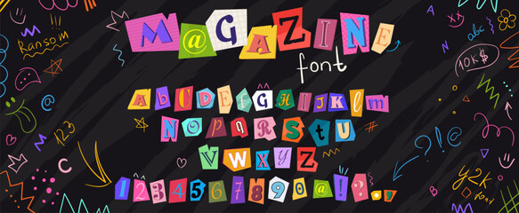 Magazine font set with colorful cutout letters, numbers and punctuation marks. Collage vector alphabet in trendy style with cute doodle elements. Newspaper or ransom font. Cut out paper torn alphabet © Foxelle