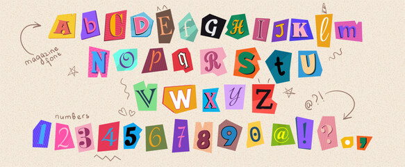 Colorful anonymous cutout font in y2k trendy style. Vector magazine alphabet with cut out letters from newspaper on different piece of paper. Retro grunge collage alphabet with cute doodle elements