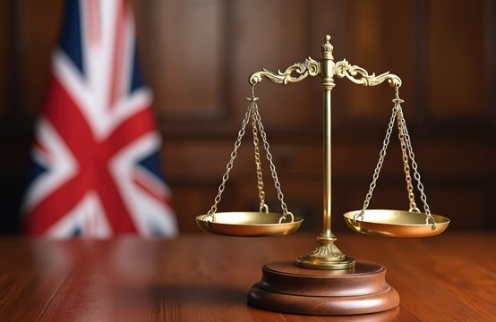 Scales of justice symbolize legal system in England. British flag, Supreme Court of UK as background. Law, fairness, impartiality in judiciary. Scales reflect balance. Legal themes, concepts.