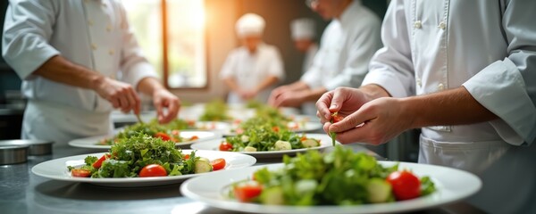 Naklejka premium Pro chefs prepare gourmet salads in commercial kitchen environment. Teamwork, culinary art. Cooks plating fresh organic salad with tomatoes, greens. Healthy nourishment, vegetable ingredients,