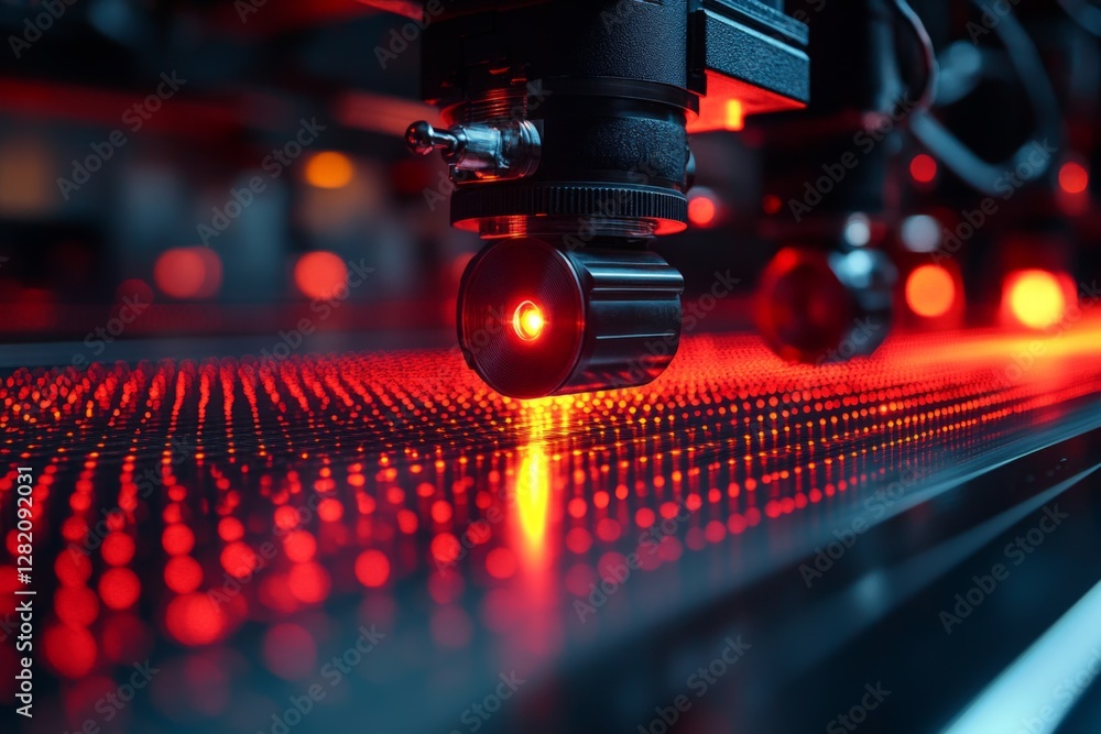 Poster laser cutting machine operates in a workshop setting at night, illuminating its surroundings with re