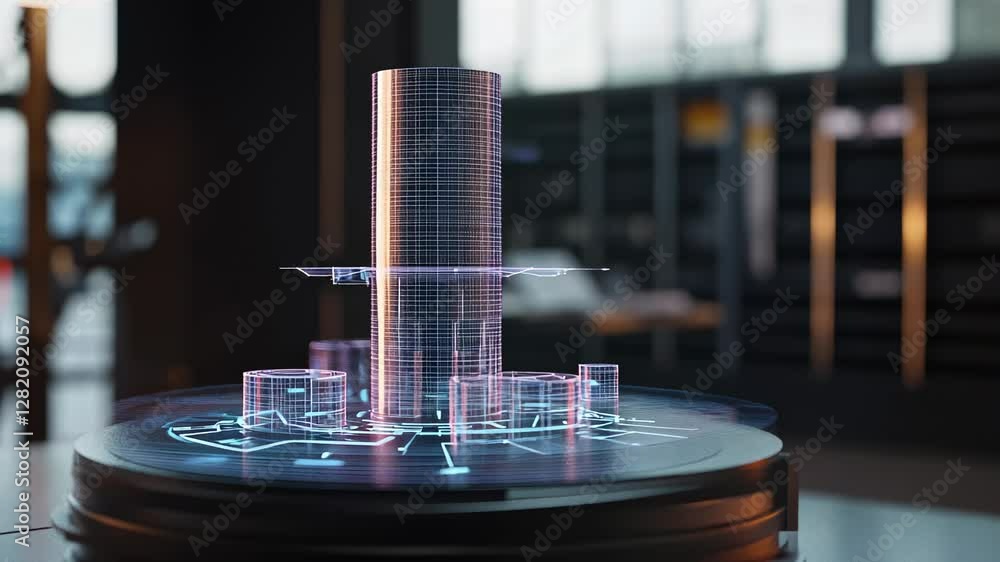 Poster futuristic holographic cityscape projection with abstract ui elements displayed