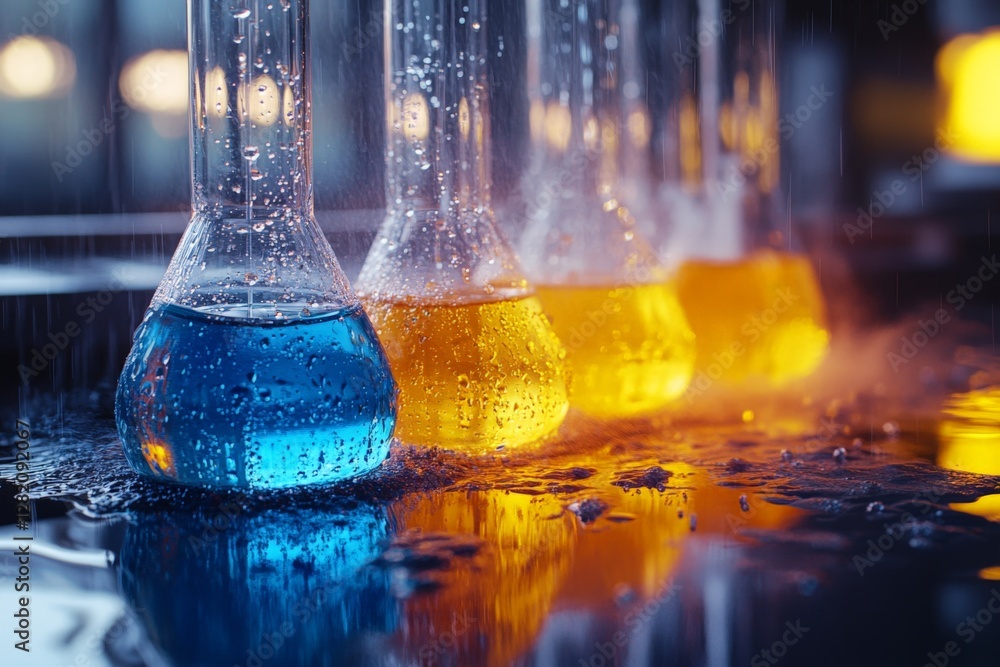 Poster colorful liquids in laboratory flasks create a vibrant display during a scientific experiment