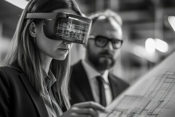 A woman wearing a VR headset examines architectural blueprints with a colleague, showcasing innovative design technology.