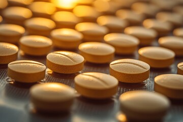 Close-up of yellow tablets arranged in a pattern during golden hour light
