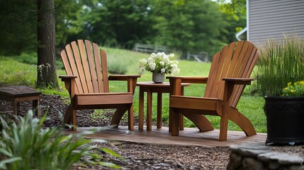 Obraz premium Wooden adirondack chairs on peaceful patio retreat high resolution picture