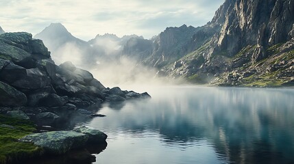 Obraz premium A serene alpine lake surrounded by rocky peaks, with mist hovering over the water in the early morning light