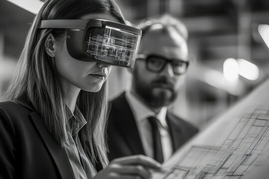 A woman wearing a VR headset examines architectural blueprints with a colleague, showcasing innovative design technology.