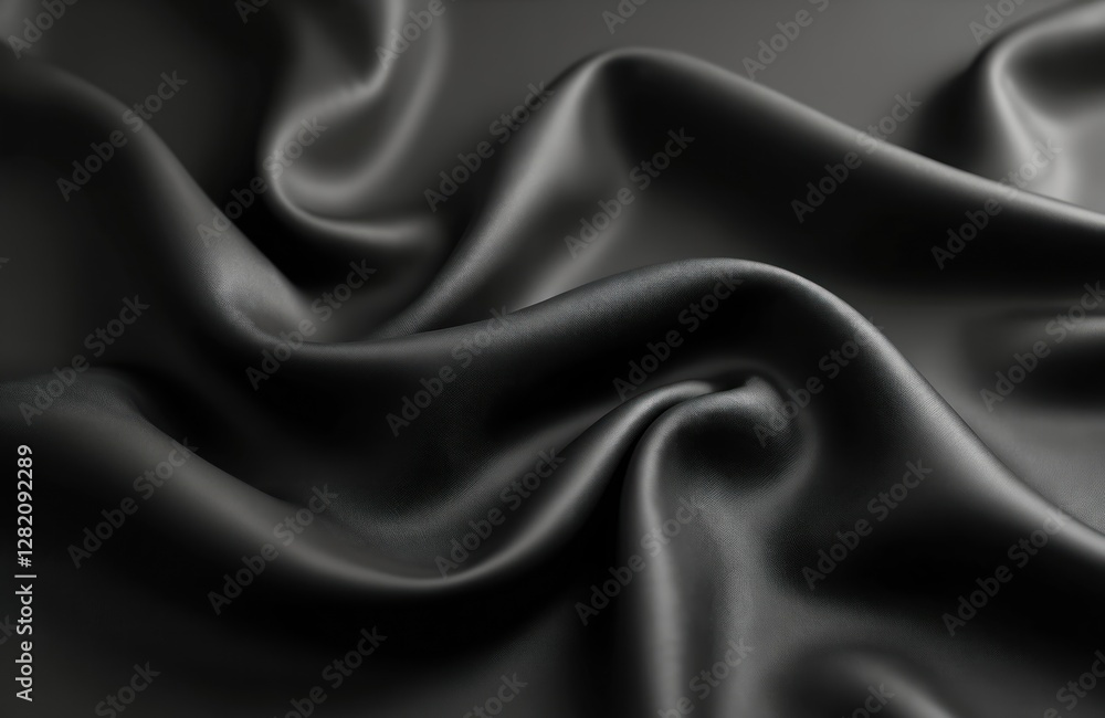 Poster elegant black satin fabric with smooth texture and flowing wavy surface. dark grey color. silky curv