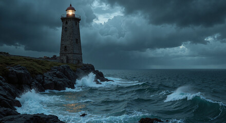 Obraz premium Majestic lighthouse standing strong against turbulent ocean waves under stormy skies with copy space