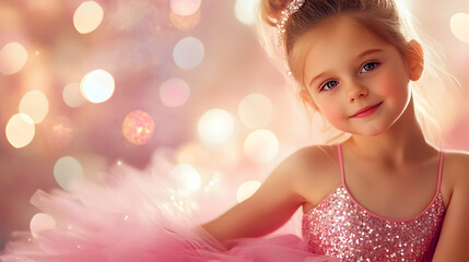 A cheerful young ballerina in a sparkling pink tutu, posing gracefully in ballet class