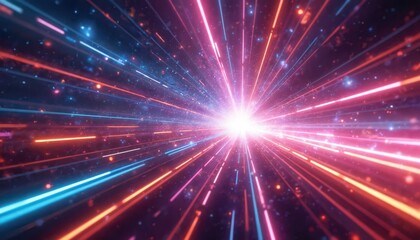Obraz premium Futuristic light speed concept with vibrant neon hues. Abstract lines, cosmic glow, stardust, intergalactic space warp background. Mesmerizing velocity, interstellar travel, exploration, science